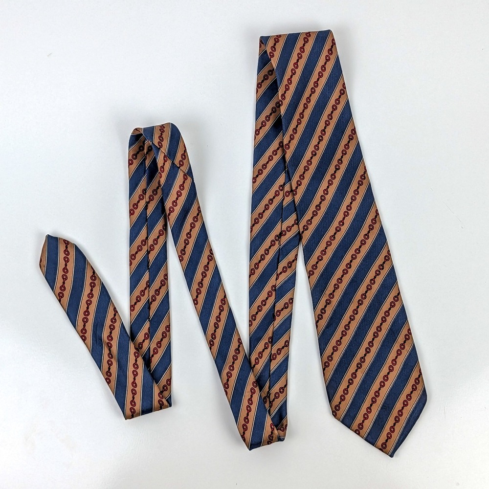 Vintage Roberto Capucci Silk Tie Equestrian Red Horsebit Stripe Blue Tan Italy